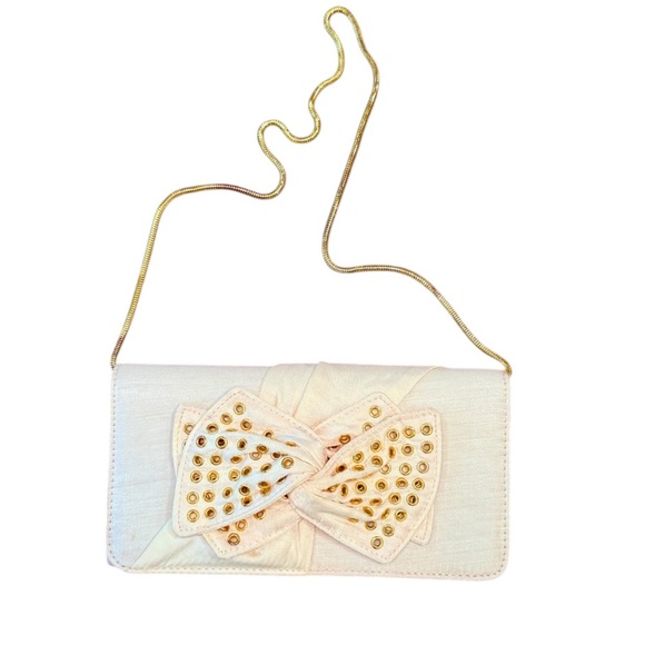 NWOT Nina Vintage Y2K Ivory/Gold Clutch w/ Bow Embellishment & Chain Strap - Picture 1 of 10